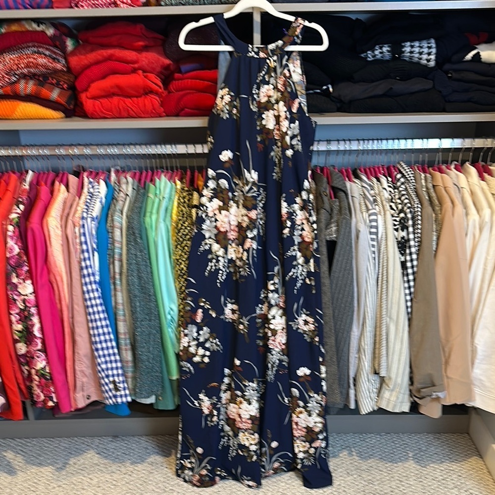 Unbranded navy/pink floral v back tie sleeveless maxi dress size M